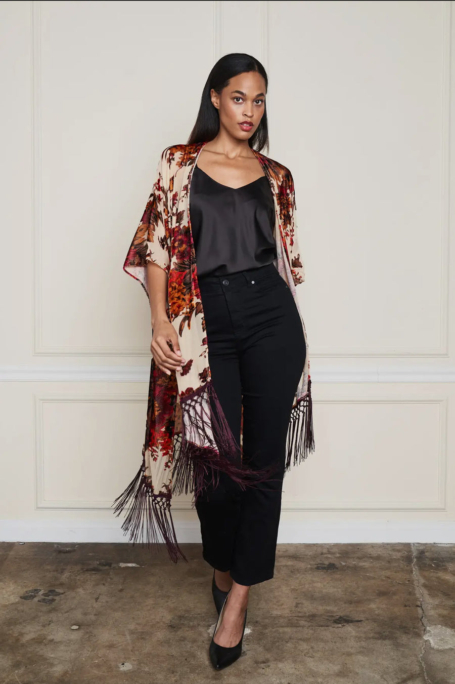Burnout Velvet Floral Fringe Kimono by Paparazzi
