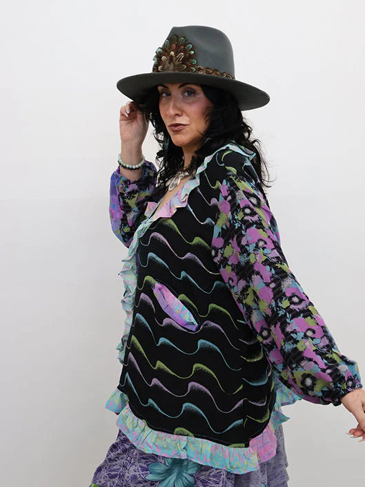 Crepe Sari Ruffle Daisy Blouse #174 by Kantha Bae