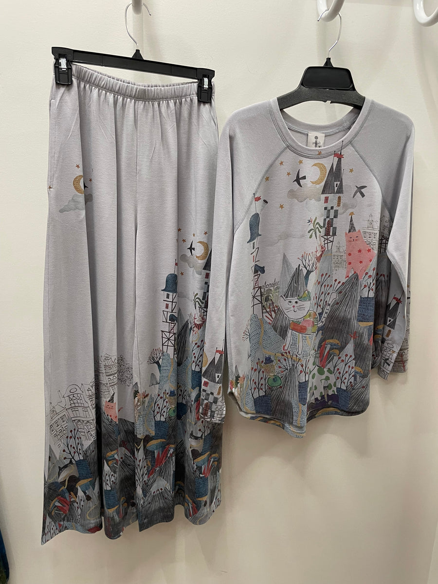 Palazzo Knit Pant in Meow-Dieval Print by Inoah