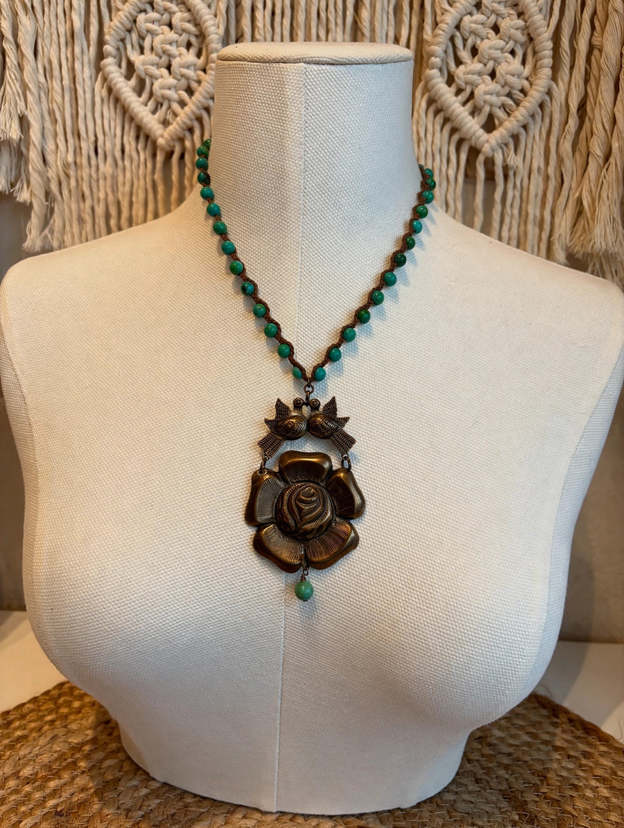 Lovebirds & Rose Turquoise Necklace by Tara Gasparian