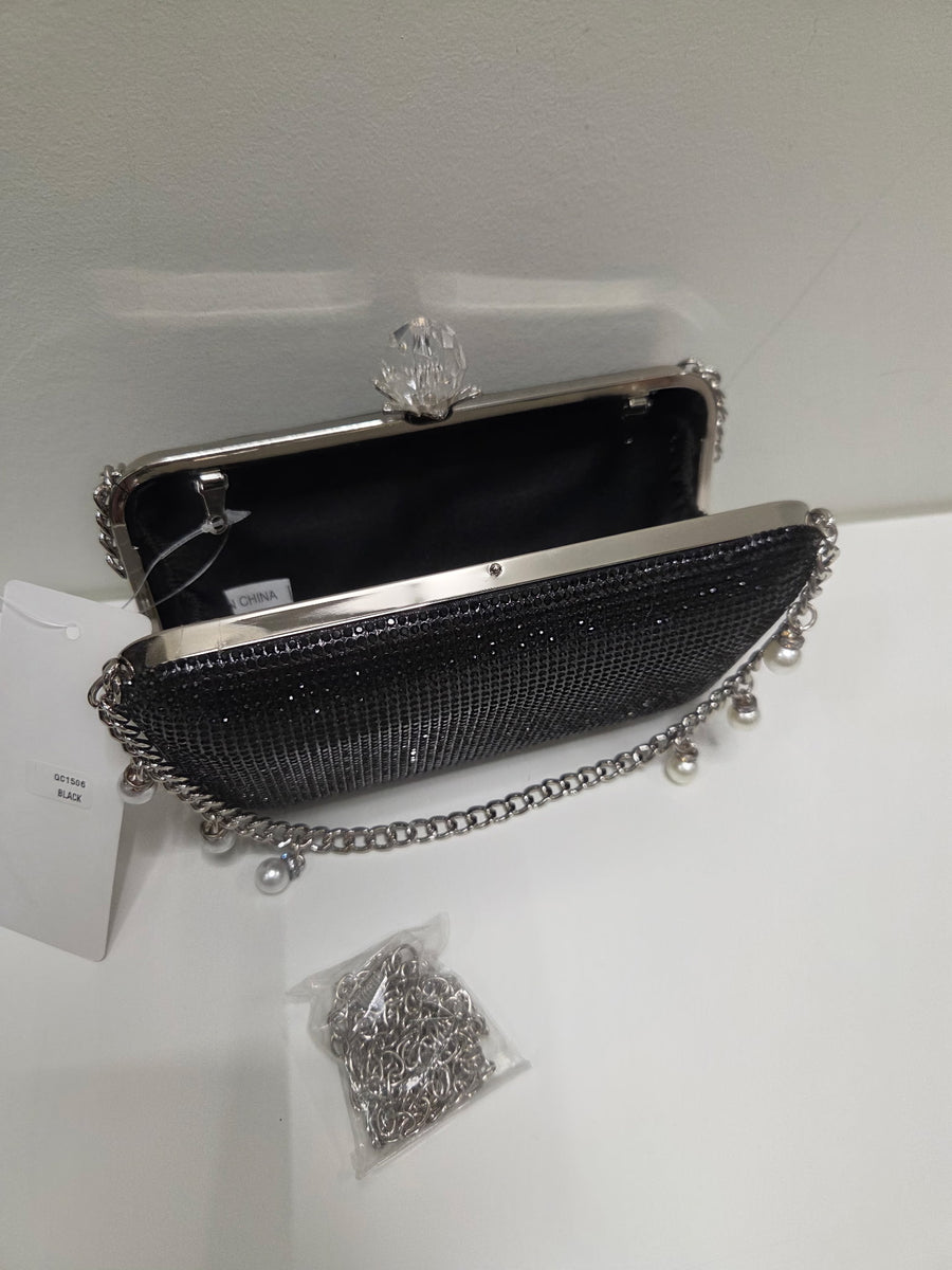 Jet Rhinestone Evening Bag with Pearl and Rhinestone Handle Robin Boutique