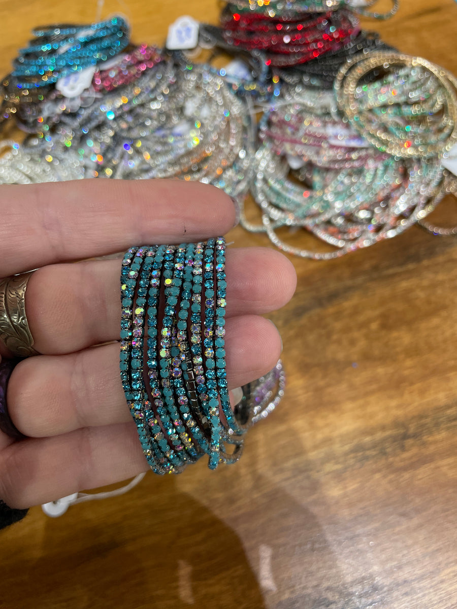 Rhinestone Tennis Stretch Bracelets on Black Silver