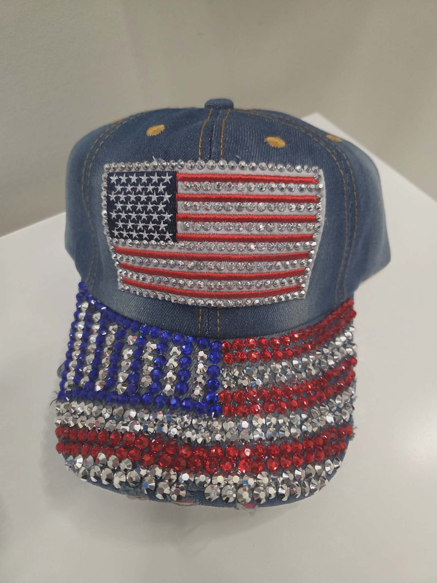 America Denim Rhinestone Cap
