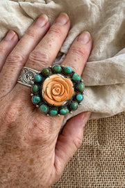Desert Bloom Spiny Oyster & Turquoise Rose Adjustable Ring by Tara Gasparian