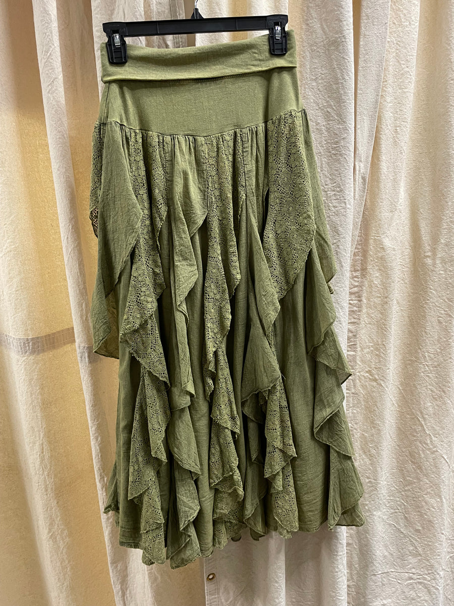 Long Lace Ruffle Skirt in Olive by Cute Options