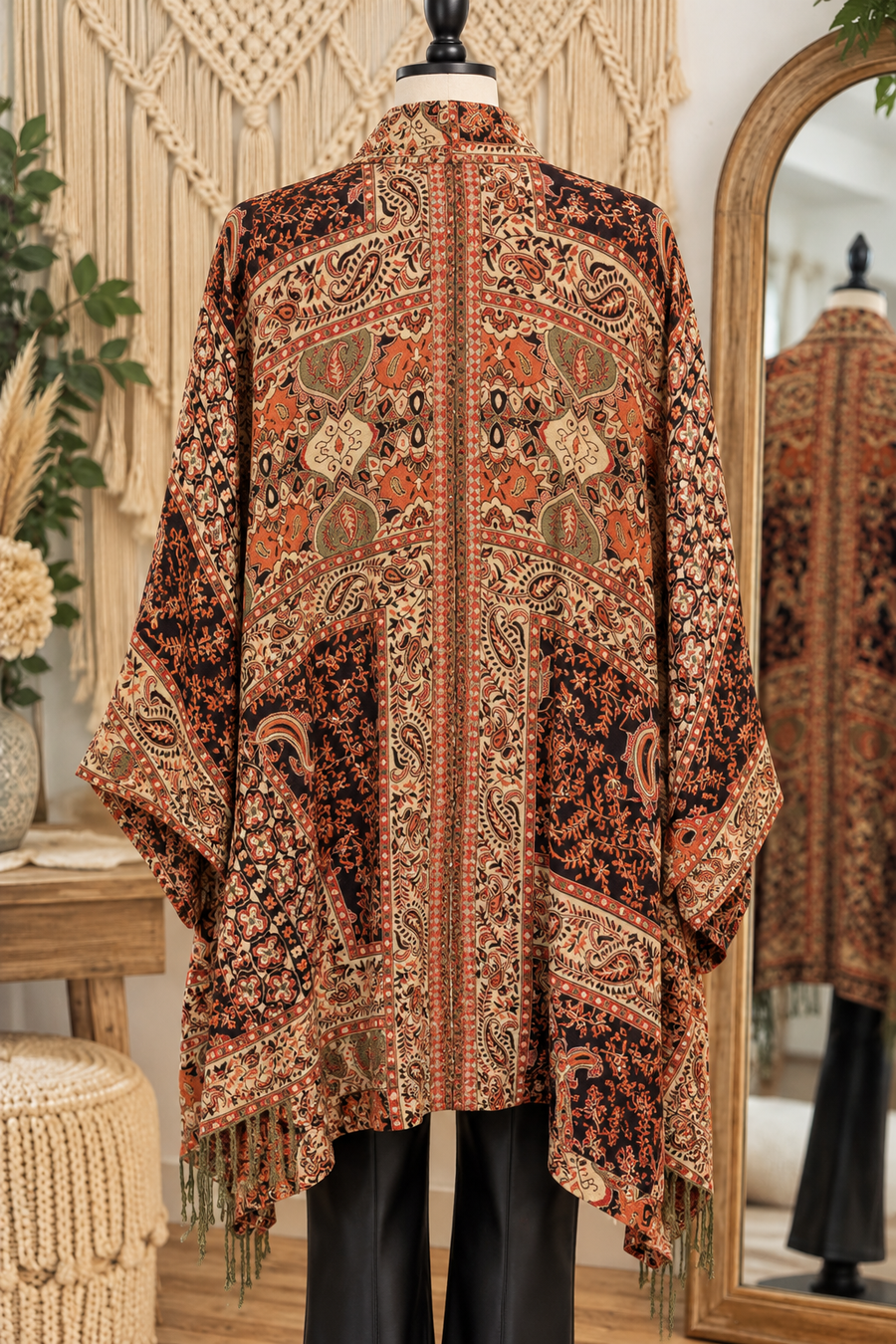 Bohemian Tapestry Kimono Jacket with Fringe