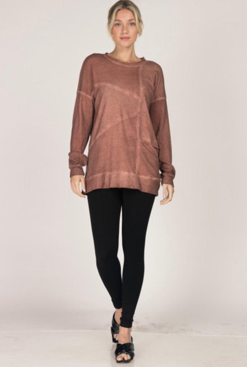 M.Rena Oil Washed French Terry Tunic With Asymetrical Panel and Slouch Pocket - Robin Boutique-Boutique 