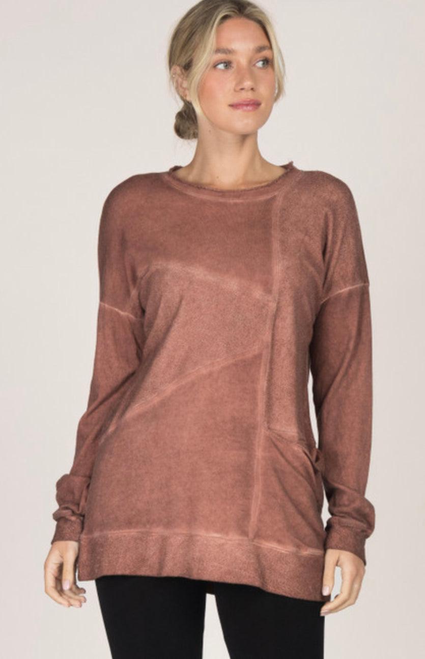 M.Rena Oil Washed French Terry Tunic With Asymetrical Panel and Slouch Pocket - Robin Boutique-Boutique 