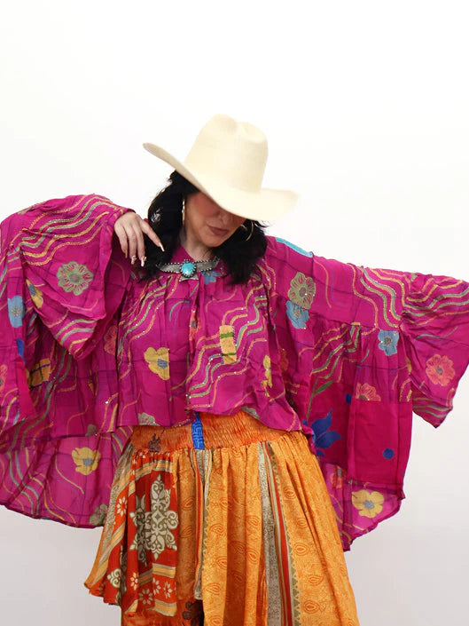 Crepe Sari Bell Sleeve Golddust Crop Top #045 by Kantha Bae