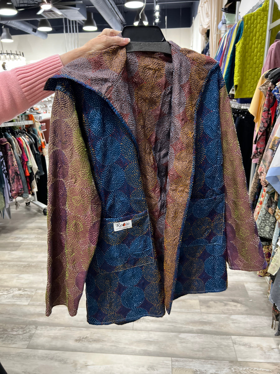 Midnight Mosaic Reversible Silk Kantha Coat