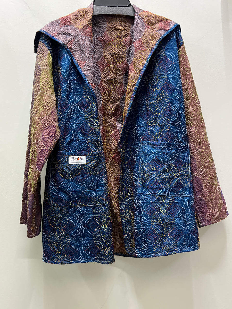 Midnight Mosaic Reversible Silk Kantha Coat