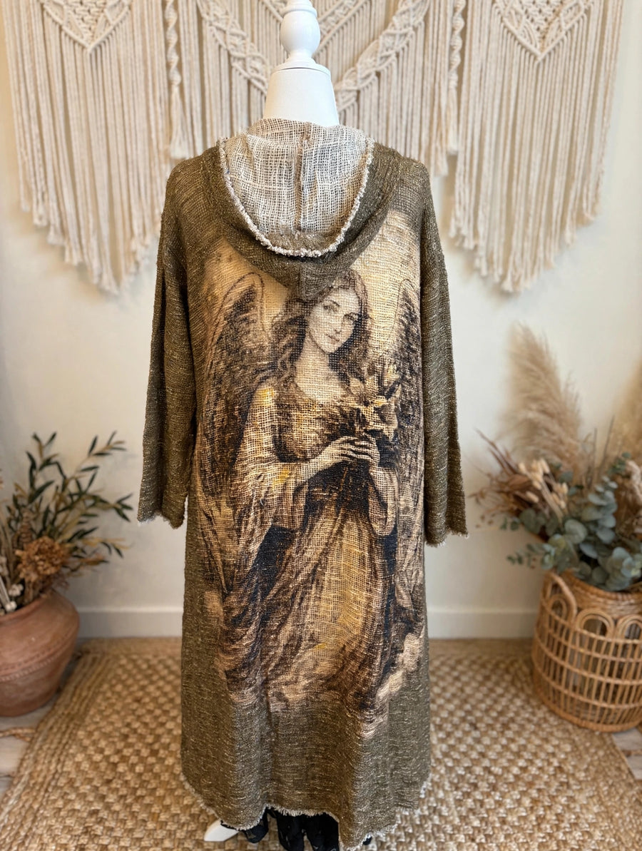 Cotton Knit Hooded Printed Lady Duster by Paper Lace