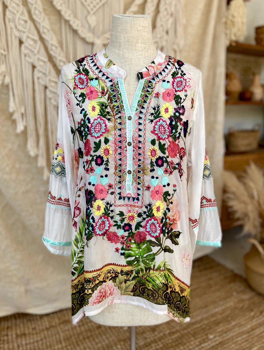Floral Embroidered Mandarin Top by All About Her 5556