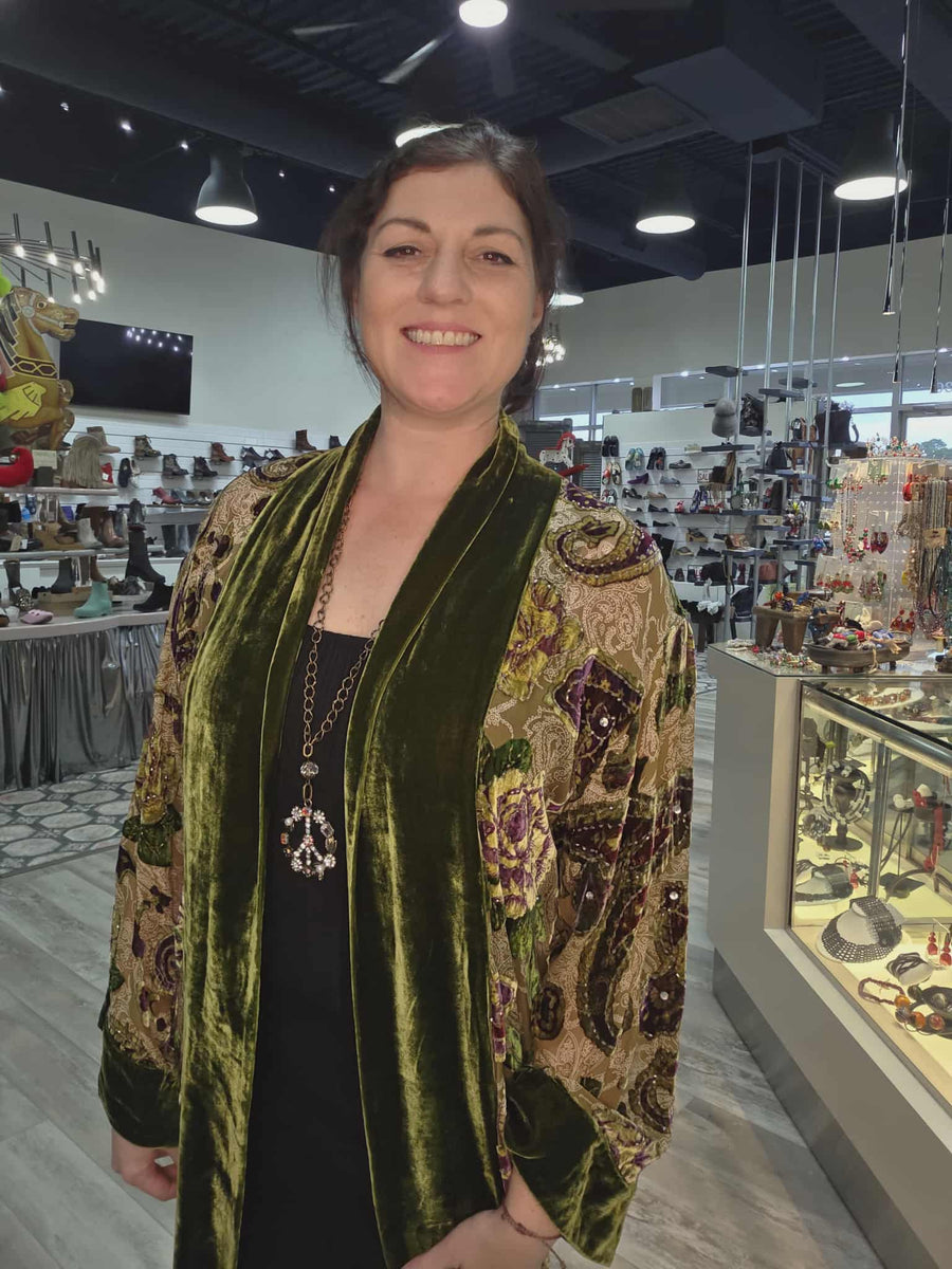 Beaded Silk Burnout Velvet Long Kimono by Aris A