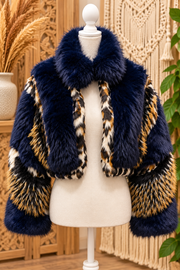 CHIARA-NAVY CROPPED FAUX FUR JACKET by Azalea Wang Robin Boutique