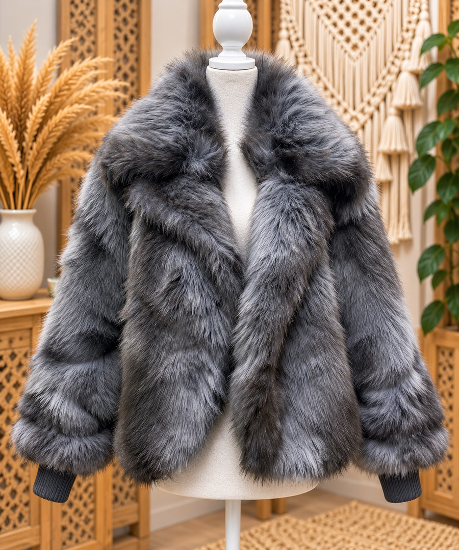 Dusk-grey faux fur jacket by azalea wang robin boutique