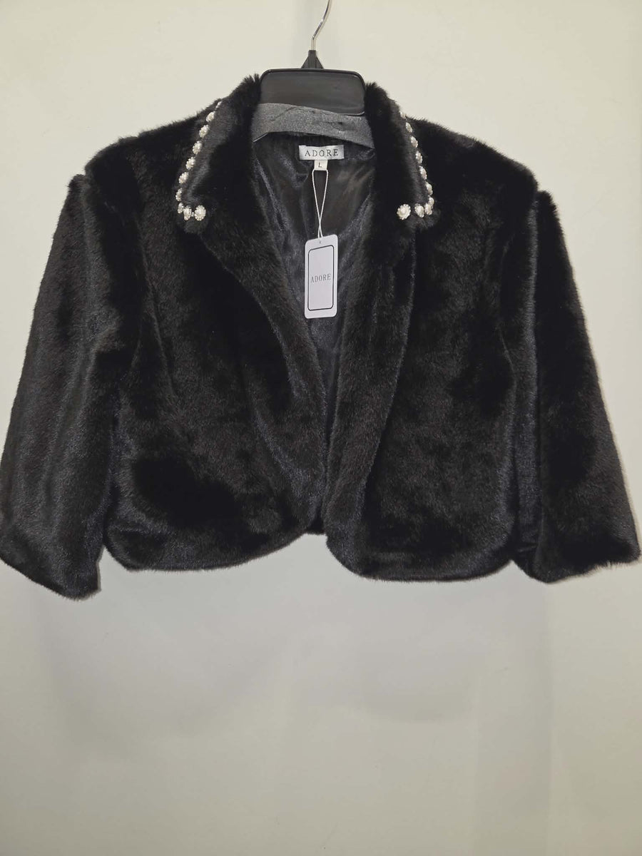 Faux Fur Crop Jacket with Rhinestone Buttons by Adore
