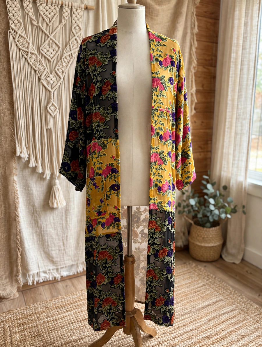 Floral Burnout Velvet Patchwork Duster