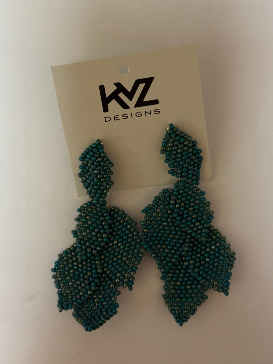 Earring with 5 Beaded Leaves -Solid Aqua with gold flecks Robin Boutique