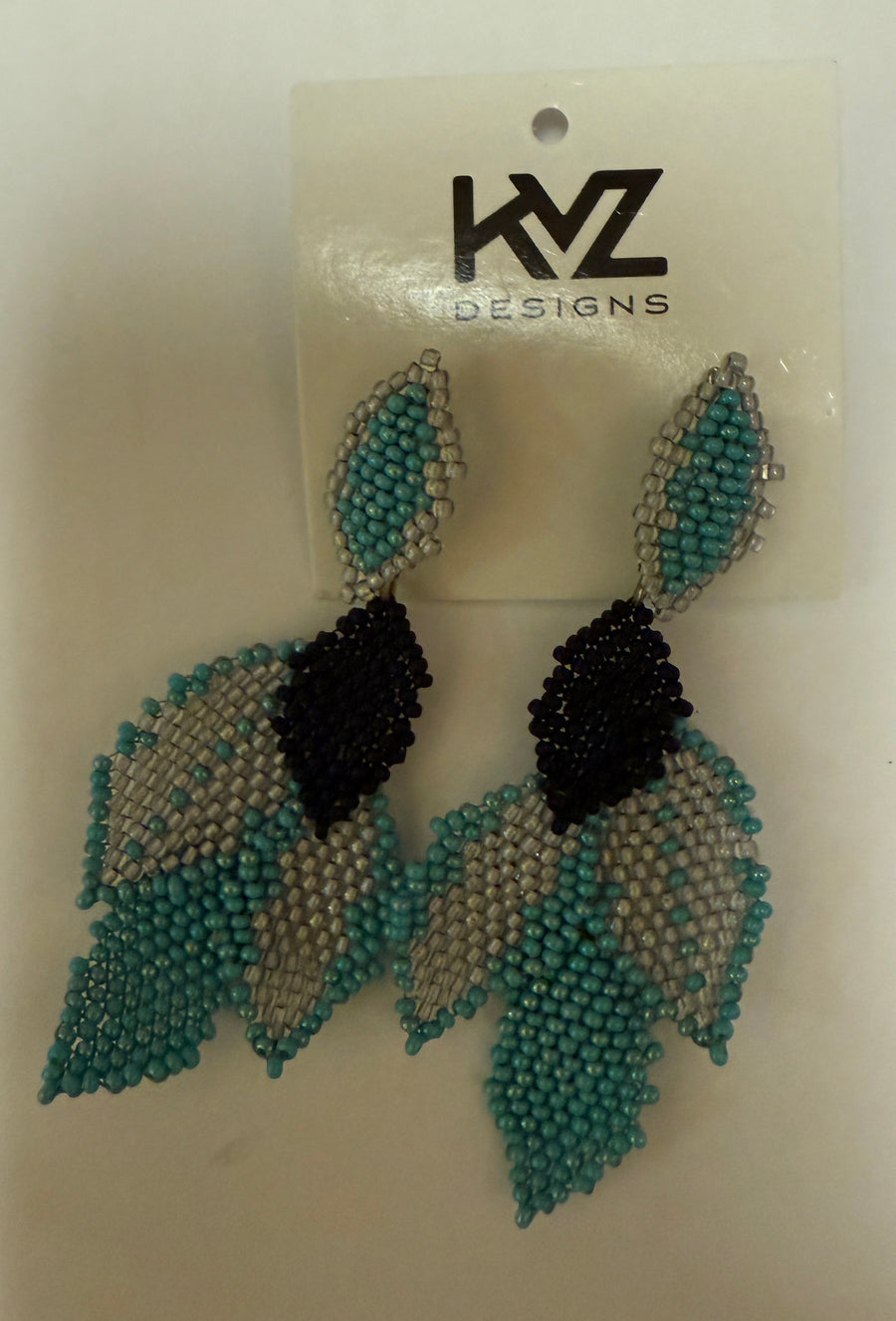 Earring with 5 Beaded Leaves -Aqua, Black and Grey Robin Boutique
