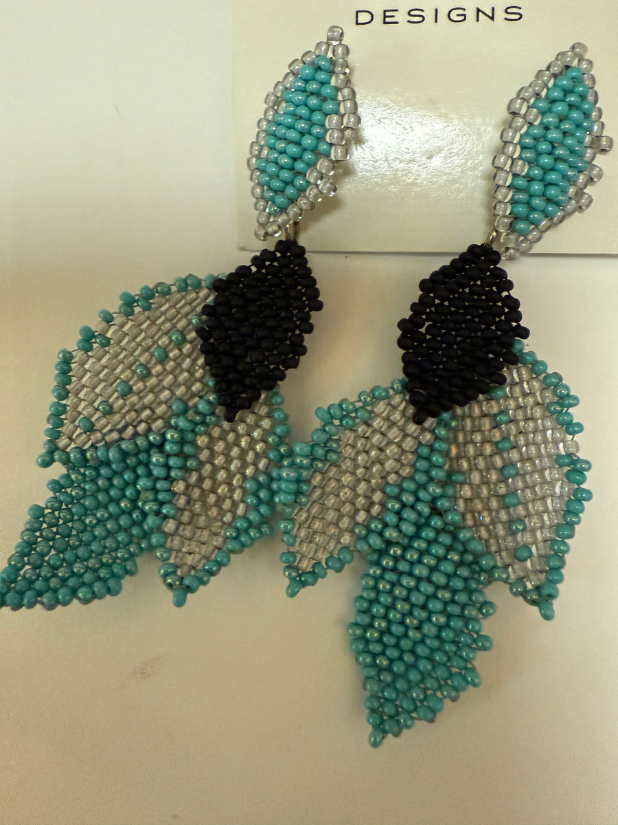 Earring with 5 Beaded Leaves -Aqua, Black and Grey Robin Boutique