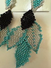 Earring with 5 Beaded Leaves -Aqua, Black and Grey Robin Boutique