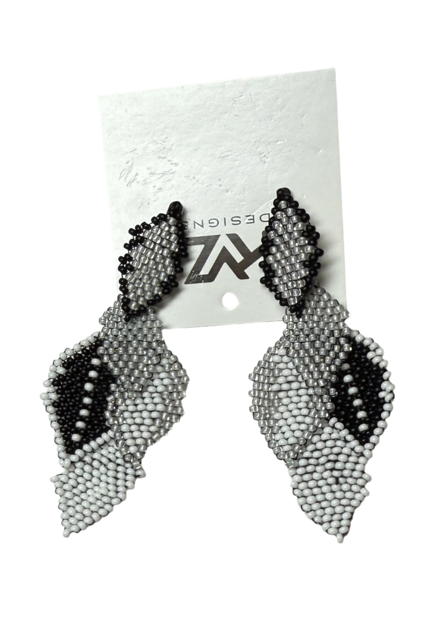Beaded Leaf Drop Earrings bu KVZ in Grey, Black and White