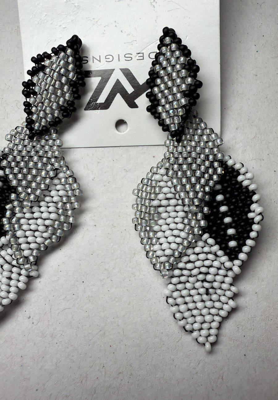 Beaded Leaf Drop Earrings bu KVZ in Grey, Black and White