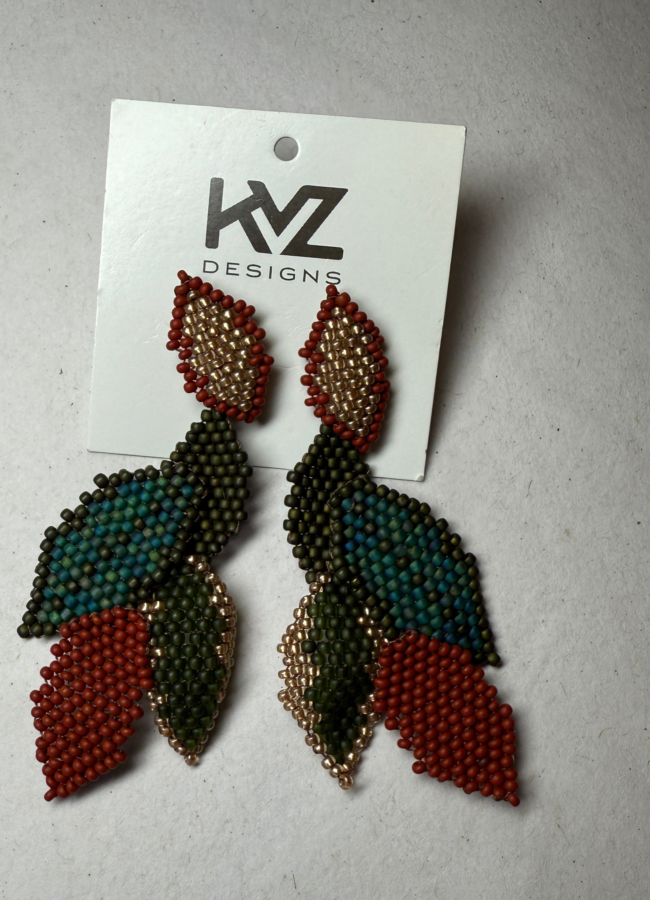 Statement Earring with 5 Beaded Leaves-Tierra by KVZ Robin Boutique