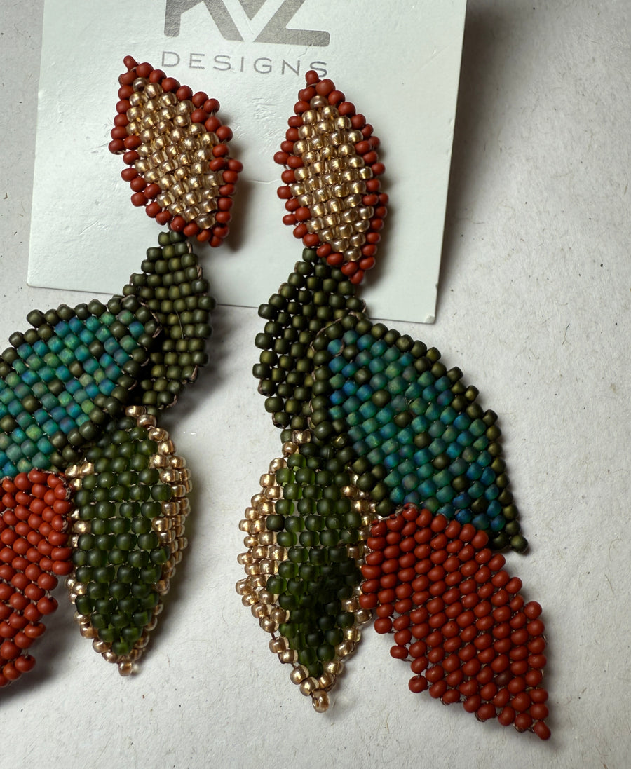 Statement Earring with 5 Beaded Leaves-Tierra by KVZ Robin Boutique