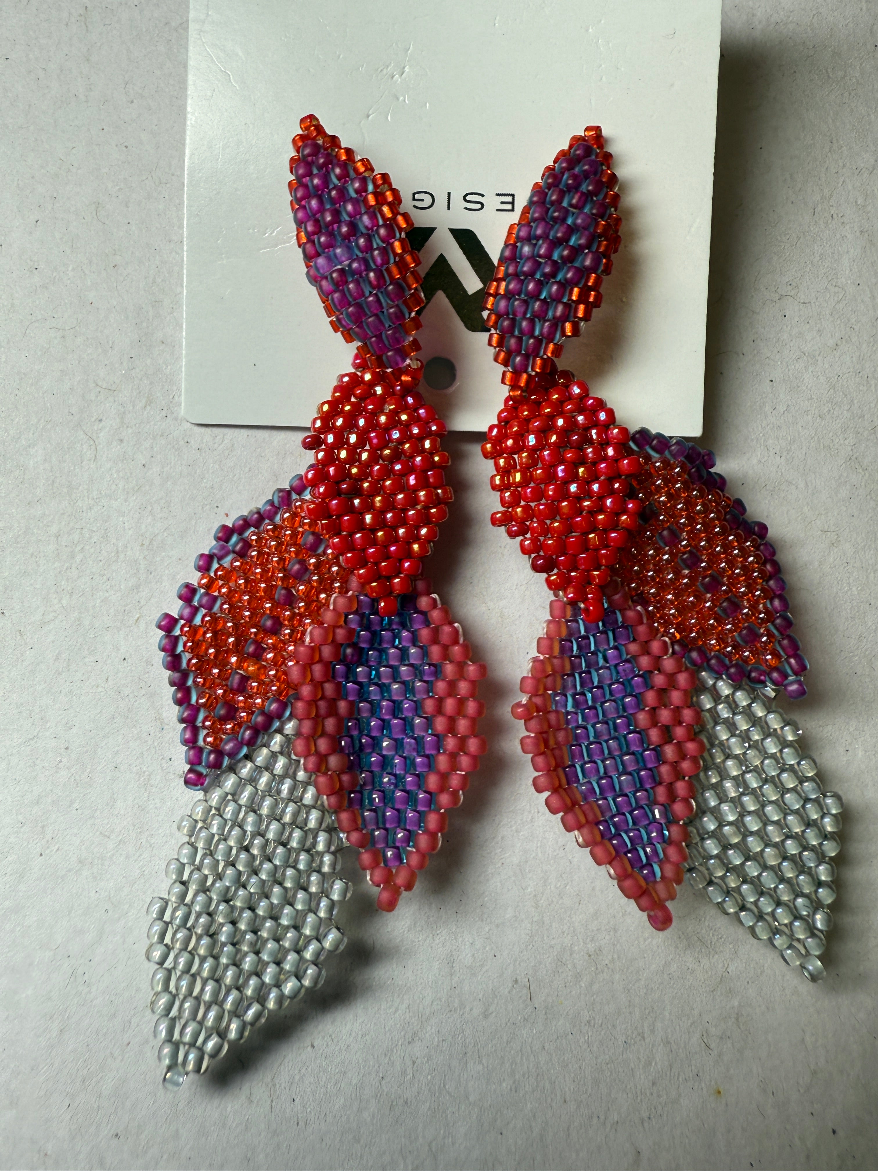 Statement Earring with 5 Beaded Leaves -Peach - Reds, Grey & Bronze Robin Boutique