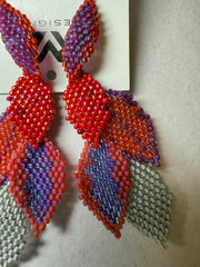 Statement Earring with 5 Beaded Leaves -Peach - Reds, Grey & Bronze Robin Boutique