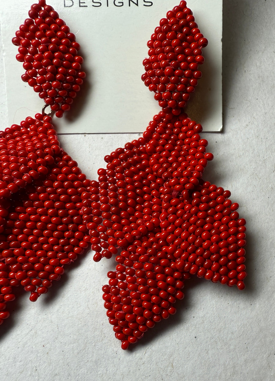 Statement Earring with 5 Beaded Leaves - Magenta & Red Matte by KVZ Robin Boutique