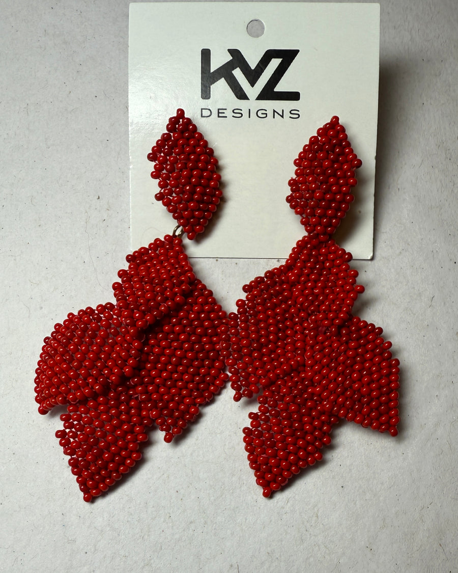 Statement Earring with 5 Beaded Leaves - Magenta & Red Matte by KVZ Robin Boutique