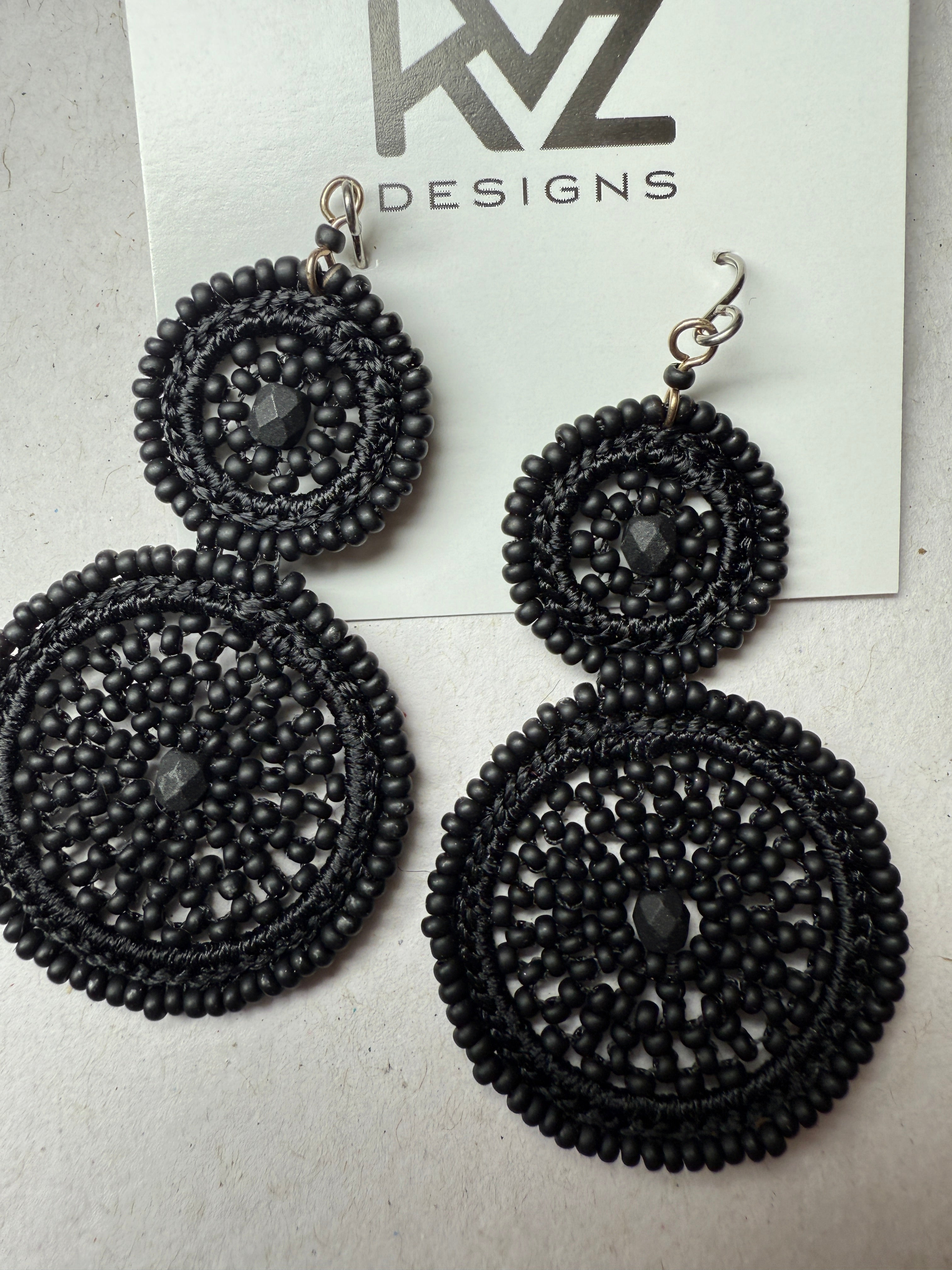 Beaded macrame dangle double round earring-Black Matte by KVZ Robin Boutique