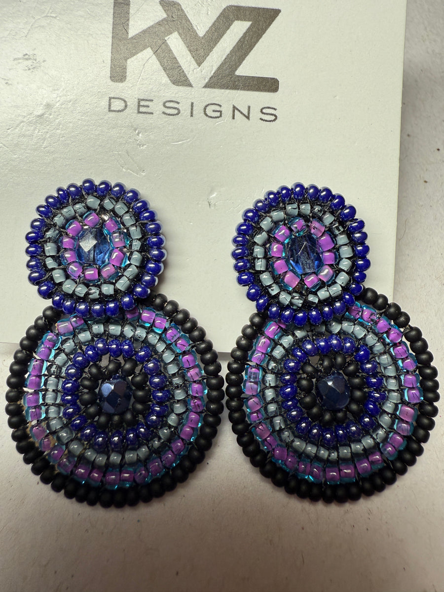 Beaded double round drop post earring- Purple Midnight by KVZ Robin Boutique