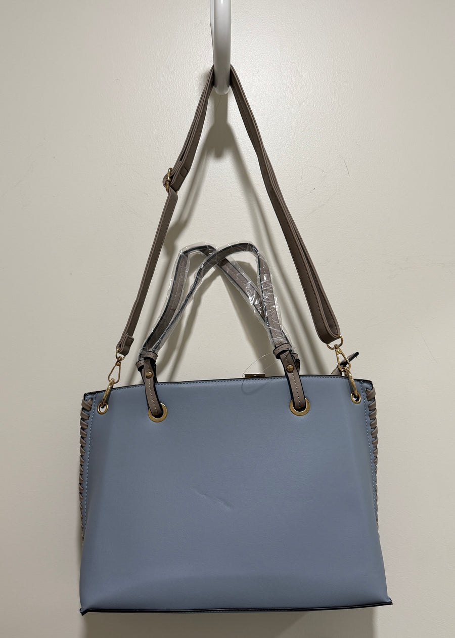 Pleather Tote Handbag with Side Weaving Details