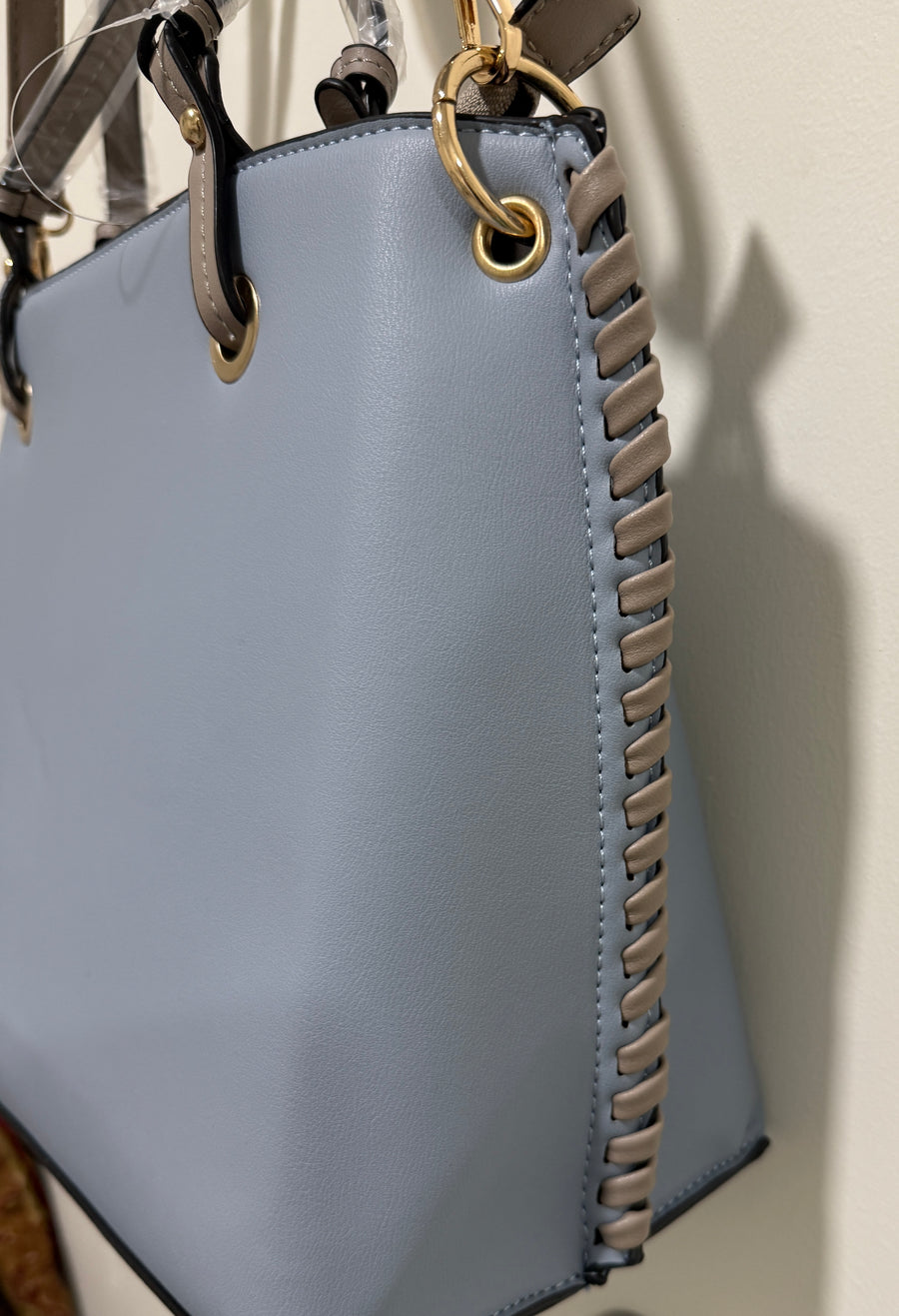 Pleather Tote Handbag with Side Weaving Details