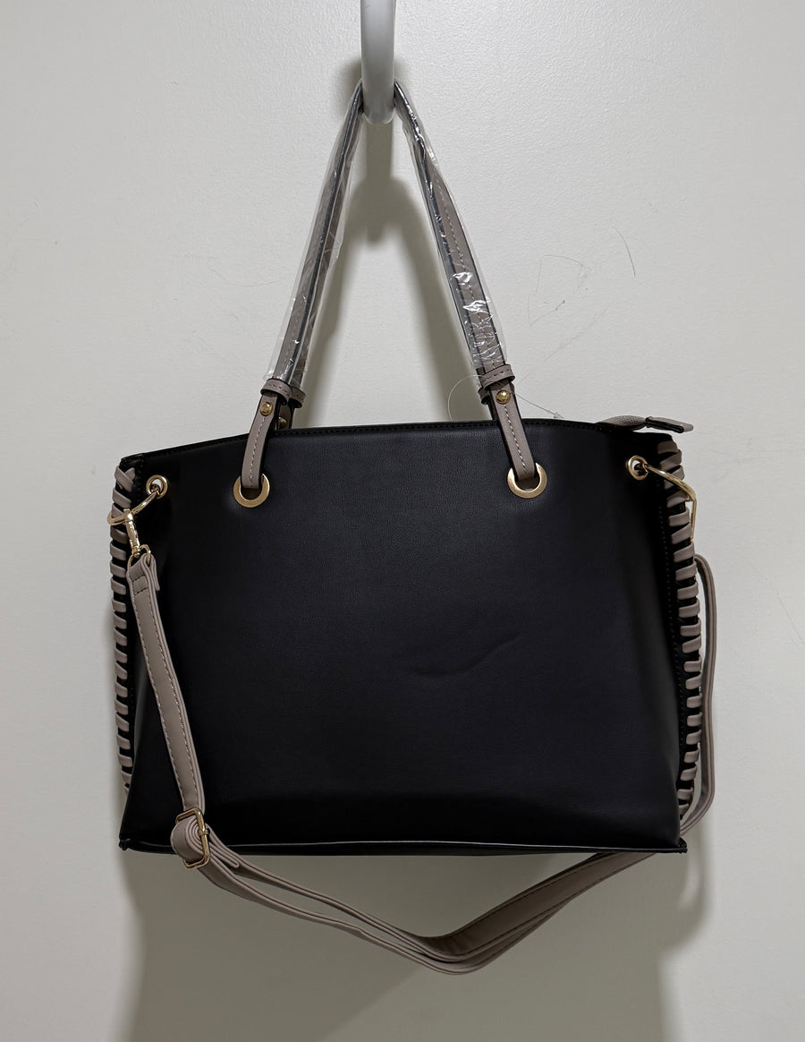 Pleather Tote Handbag with Side Weaving Details