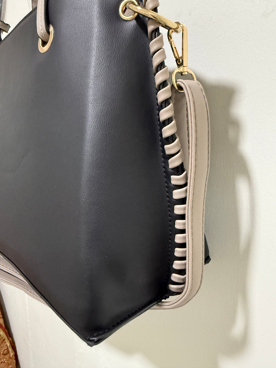 Pleather Tote Handbag with Side Weaving Details