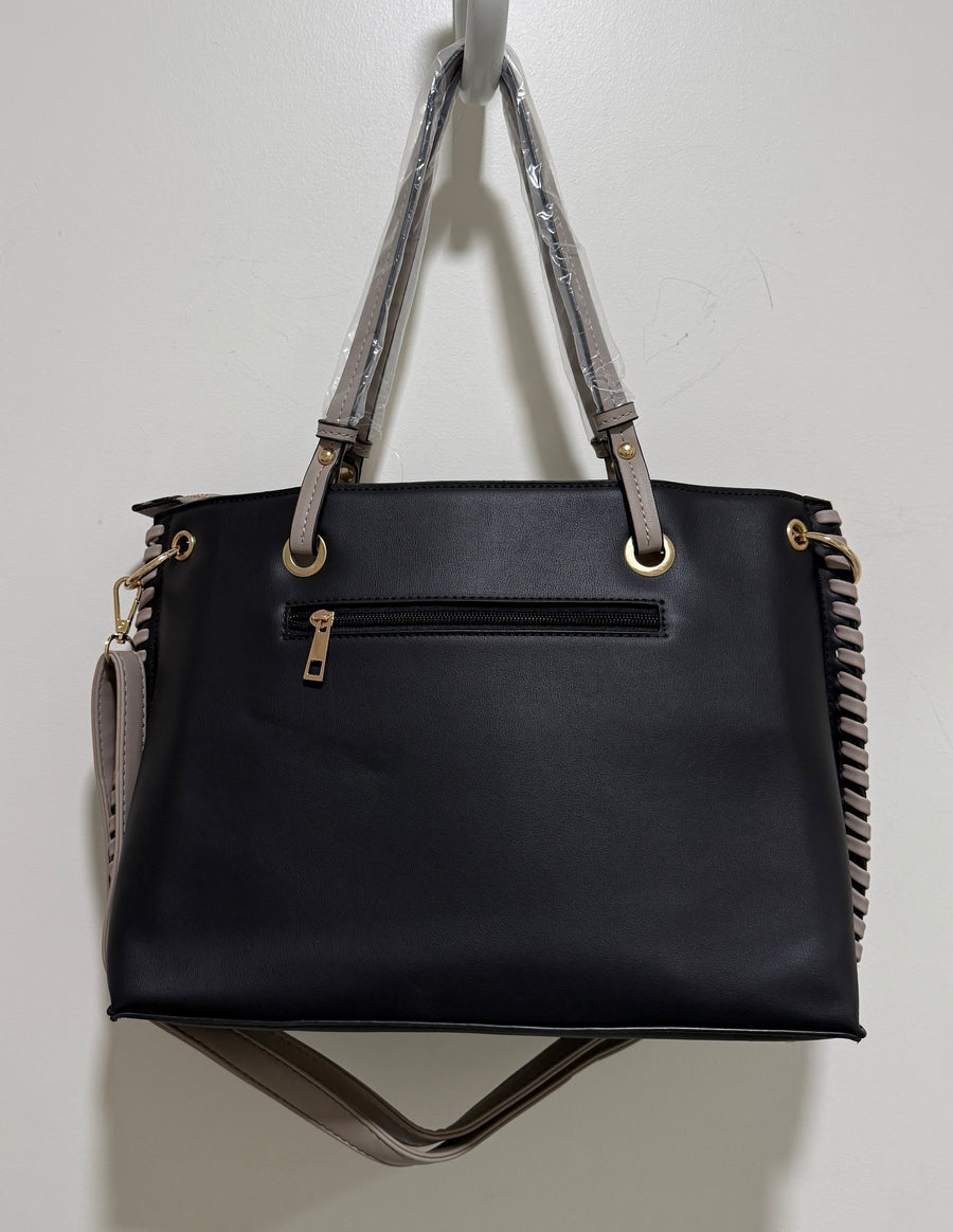 Pleather Tote Handbag with Side Weaving Details