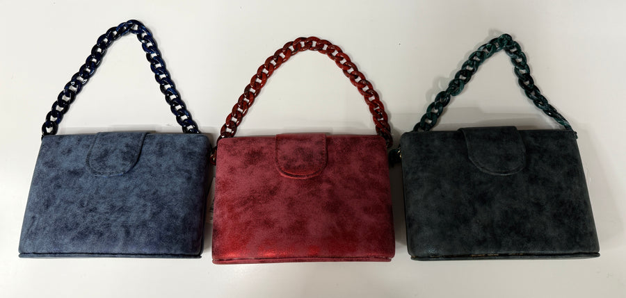Distressed Faux Suede Handbag with Lucite Link Strap