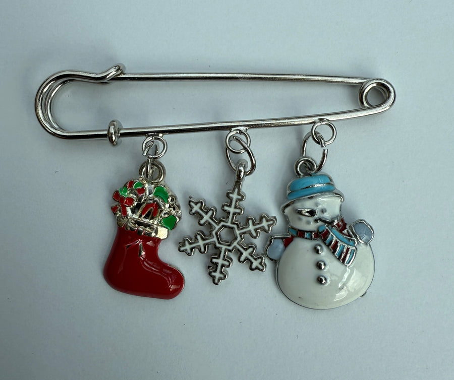 Silver Tone Kilt Pin with Dangling Holiday Ornaments Charm Robin Boutique