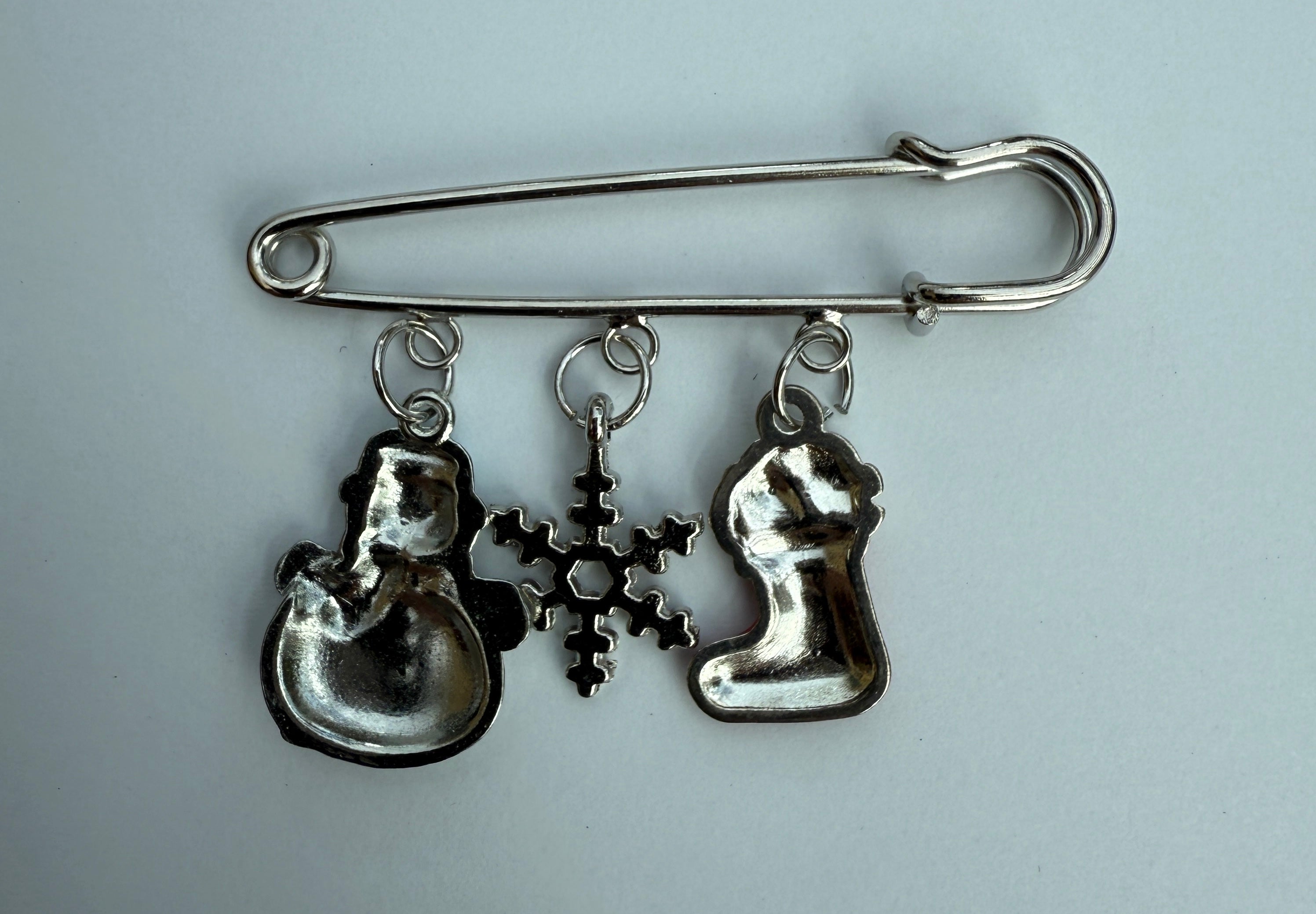 Silver Tone Kilt Pin with Dangling Holiday Ornaments Charm Robin Boutique