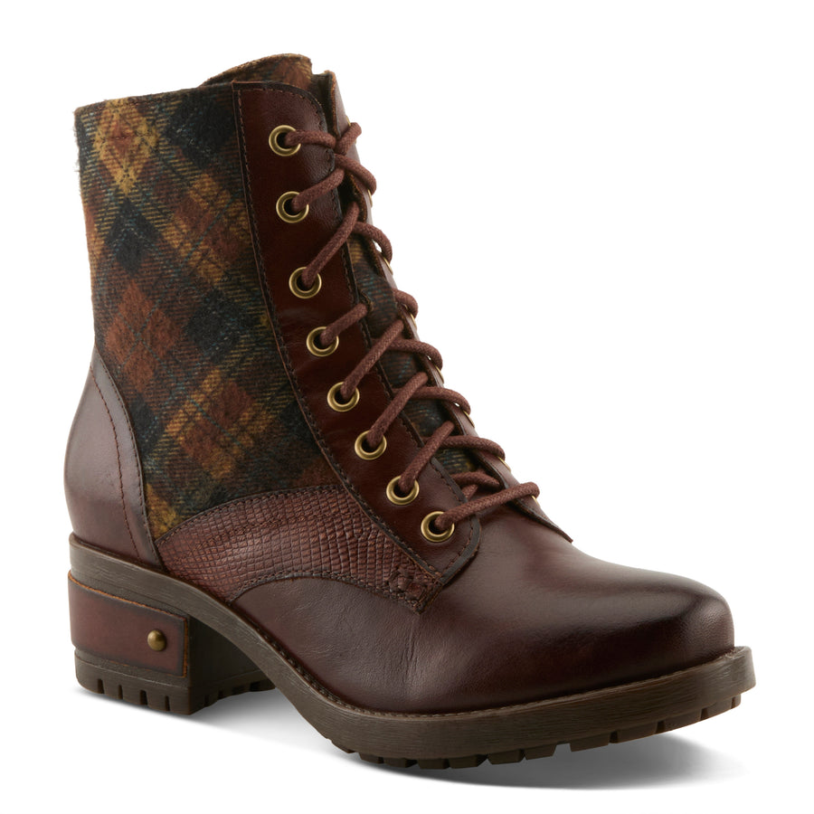 L'Artiste Marty Plaid Boots In Brown Multi Front Side View - Robin Boutique