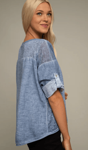 Linen 3/4 sleeve V-Neck Top K2041148 Turquoise - Robin Boutique-Boutique 