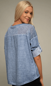 Linen 3/4 sleeve V-Neck Top K2041148 Turquoise - Robin Boutique-Boutique 