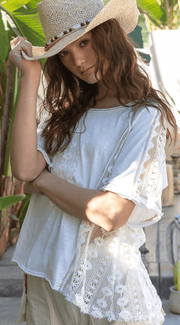 POL Short Sleeve Lace Sides Pullover Top in Ivory FKT1009 - Robin Boutique-Boutique 