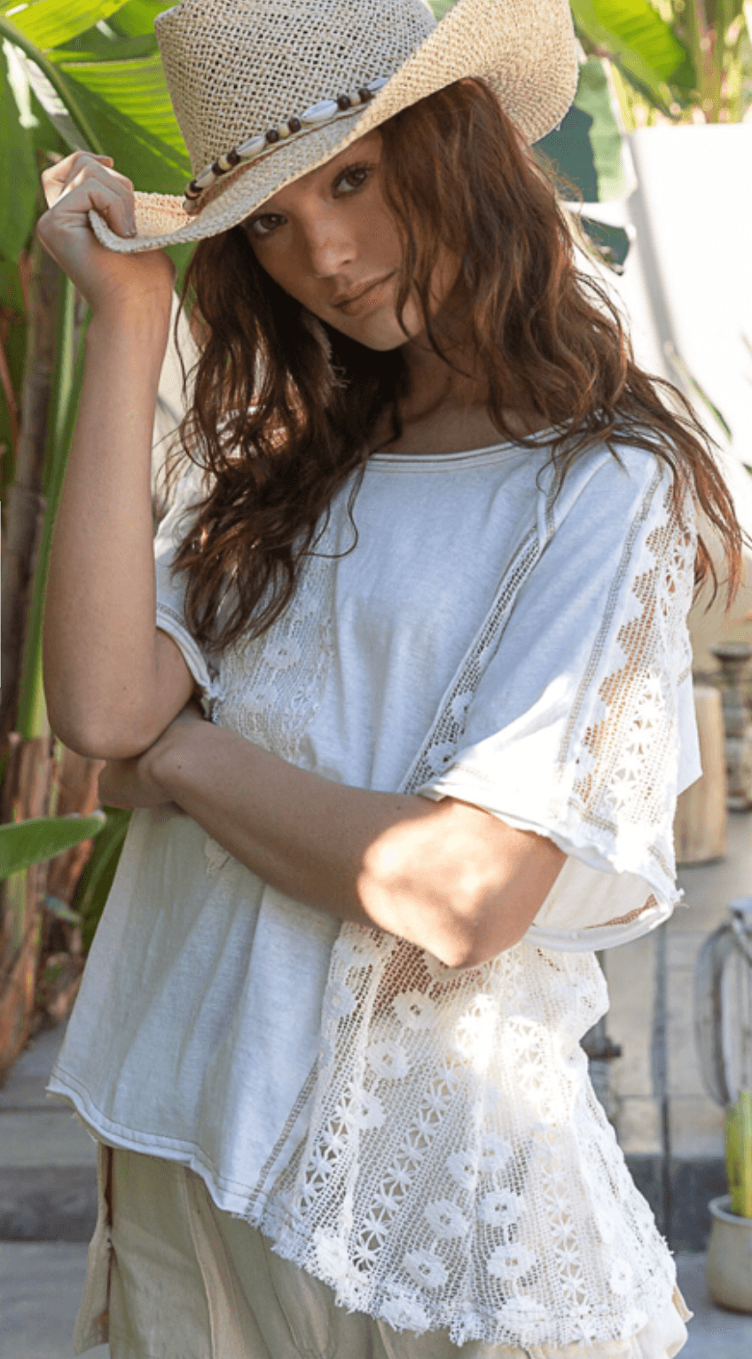 POL Short Sleeve Lace Sides Pullover Top in Ivory FKT1009 - Robin Boutique-Boutique 