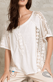 POL Short Sleeve Lace Sides Pullover Top in Ivory FKT1009 - Robin Boutique-Boutique 